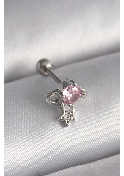 316L Çelik Gümüş Renk Pembe Zirkon Taşlı Sallantı Yıldız Detay Tragus Piercing - TJ-PR1237
