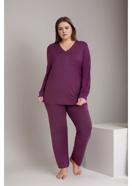 Kadın Battal V Yaka Uzunkol Pijama Takım C840-856
