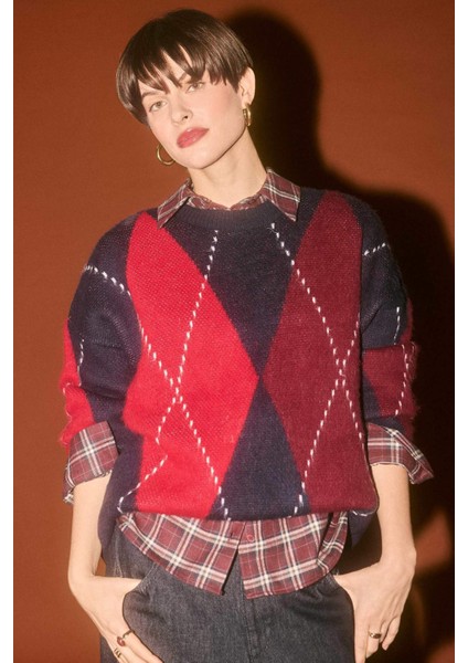 Oversize Geniş Kalıp Bisiklet Yaka Baklava Desenli Triko Kazak G6544AX25WN