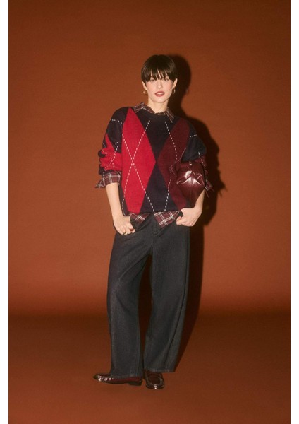 Oversize Geniş Kalıp Bisiklet Yaka Baklava Desenli Triko Kazak G6544AX25WN fiyatları