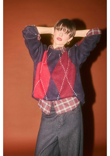 Oversize Geniş Kalıp Bisiklet Yaka Baklava Desenli Triko Kazak G6544AX25WN modelleri