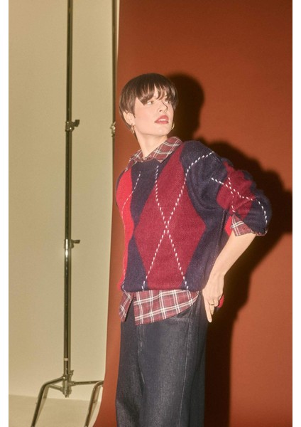 Oversize Geniş Kalıp Bisiklet Yaka Baklava Desenli Triko Kazak G6544AX25WN fırsatları