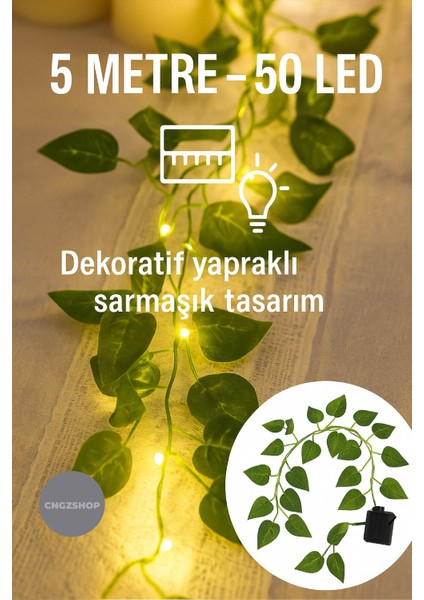 Solar Yapay Yapraklı Sarmaşık LED 5 Metre | 50 LED Güneş Enerjili Dekoratif Bahçe ve Balkon Işık