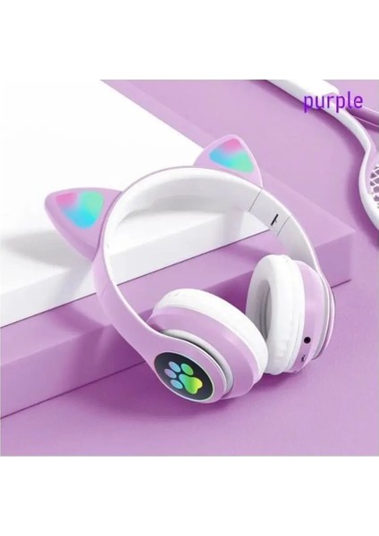 Kulağı Bluetooth Kablosuz Kulaklık Rengarenk Işıklı Rgb Mor Çocuk Oyun Kulaklığı Radyolu