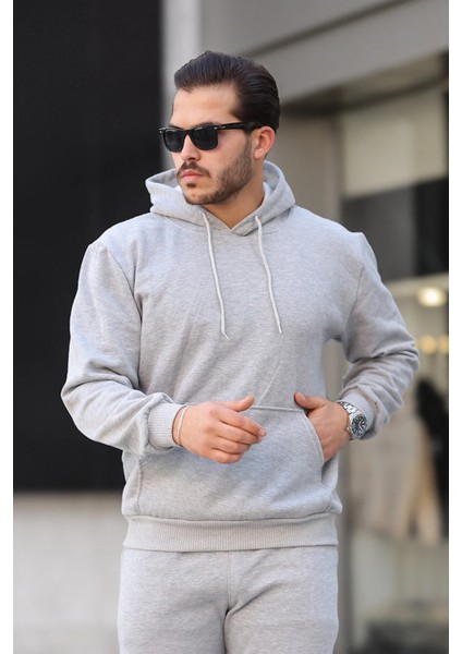 Erkek Rahat Oversize 3 Iplik Pamuklu Şardonlu Kanguru Cep Kapşonlu Sweatshirt