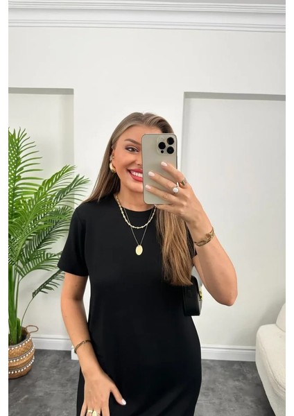 Kadın Kısa Kollu Yırtmaç Detaylı Salaş Viskon Elbise modelleri