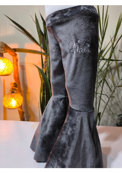 Kız Çocuk Fransız Kadife Geniş Dökümlü Ispanyol Paça Tayt Ohlala Gri