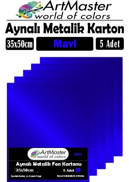 Mavi Renkli 35X50 Metalik Aynalı Fon Kartonu 5 Adet 1 Paket Artmaster Metalik Aynalı Fon Kartonu