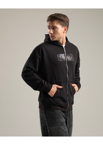 Rise Erkek Nakışlı Kanguru Cepli Oversize %100 Organik Pamuk Fermuarlı Kapüşonlu Siyah Sweatshirt