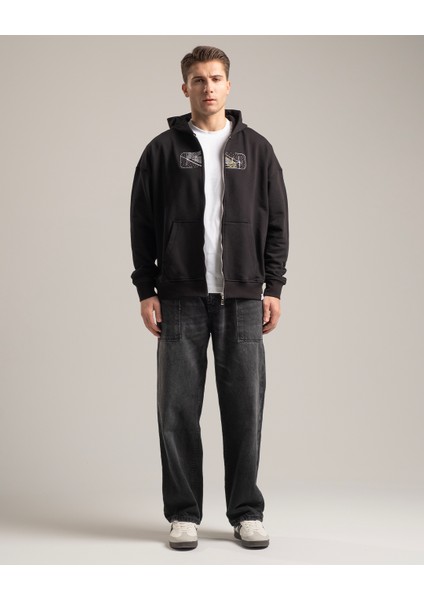 Rise Erkek Nakışlı Kanguru Cepli Oversize %100 Organik Pamuk Fermuarlı Kapüşonlu Siyah Sweatshirt fiyatları