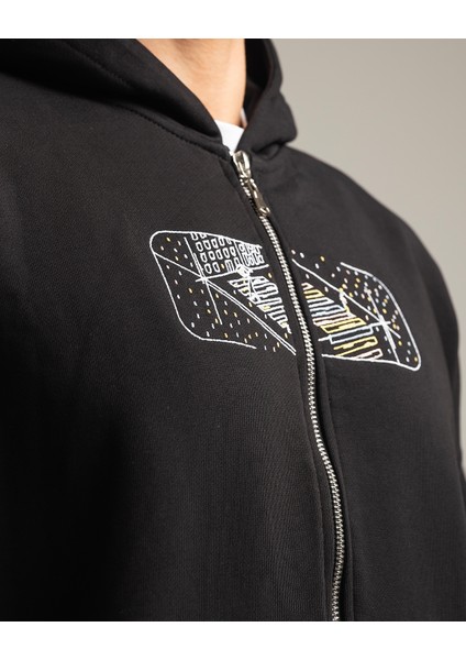 Rise Erkek Nakışlı Kanguru Cepli Oversize %100 Organik Pamuk Fermuarlı Kapüşonlu Siyah Sweatshirt modelleri