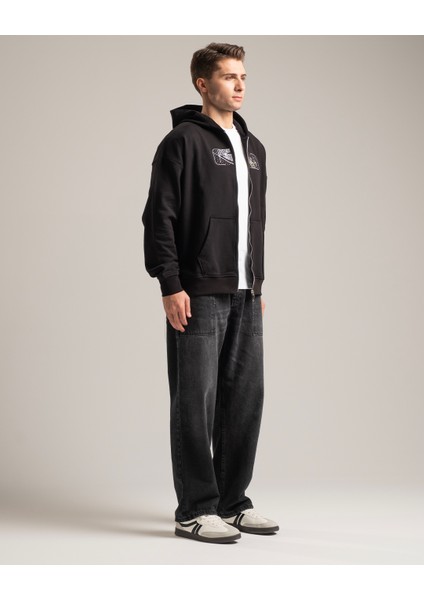 Rise Erkek Nakışlı Kanguru Cepli Oversize %100 Organik Pamuk Fermuarlı Kapüşonlu Siyah Sweatshirt fırsatları
