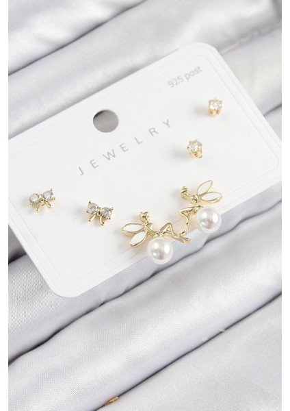 Pirinç Zirkon Taşlı Inci Melek Model Gold Renk 925 Ayar Gümüş Çivi Kadın Küpe Set - TJ-BKP11188