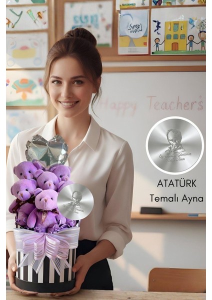 Öğretmen'e Hediye: Atatürk Temalı Aynalı Çizgili Premium Kutuda, Kalpli Balonlu 6’lı Mor Ayıcık Buketi-24 Kasım Öğretmenler Günü Hediyesi