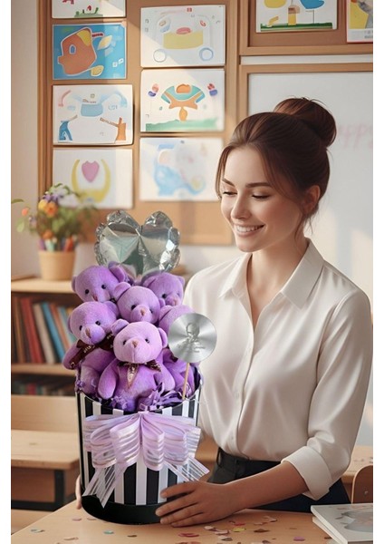 Öğretmen'e Hediye: Atatürk Temalı Aynalı Çizgili Premium Kutuda, Kalpli Balonlu 6’lı Mor Ayıcık Buketi-24 Kasım Öğretmenler Günü Hediyesi fiyatları