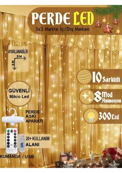 Kumandalı 8 Ayrı Moda Sahip 3MX3M 300 cm x 300 cm Perde LED