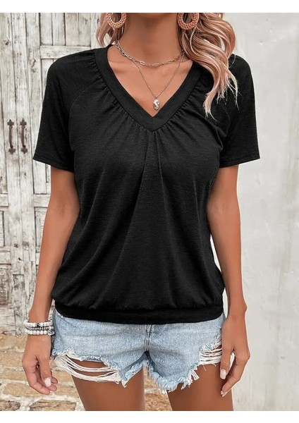 Kadın Kısa Kollu V Yakalı Büzgü Detaylı Viskon Bluz