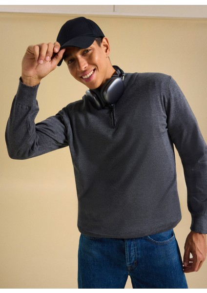 Dik Yaka Basic Düz Antrasit Erkek Kazak PBF5WM-KZK9537