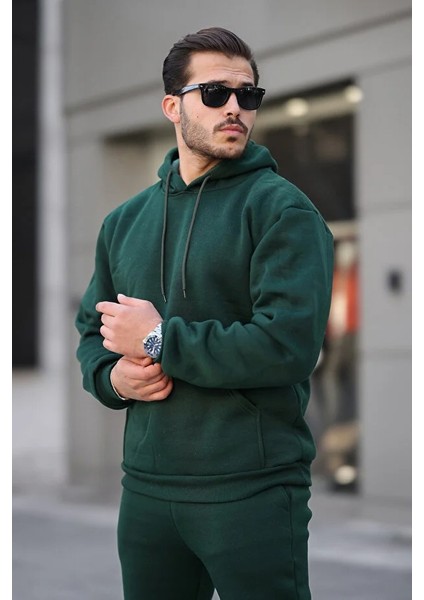 Erkek Rahat Oversize 3 Iplik Pamuklu Şardonlu Kanguru Cep Kapşonlu Sweatshirt