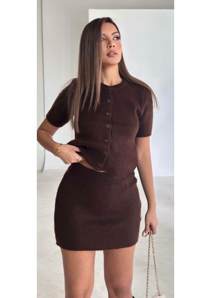 Düğmeli Kısa Kollu Mini Etekli Triko Takım Acıkahve fiyatları