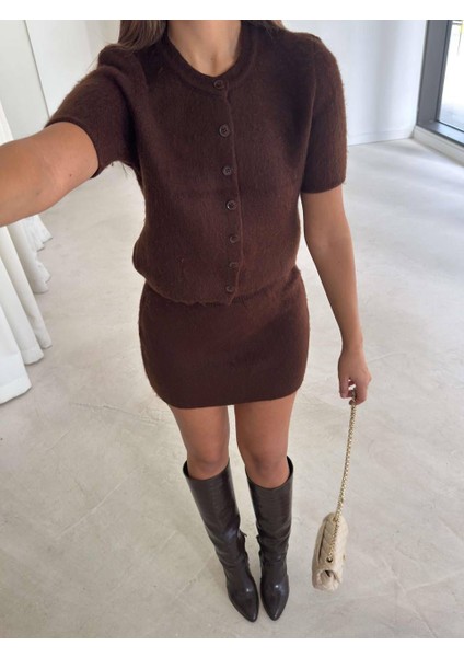 Düğmeli Kısa Kollu Mini Etekli Triko Takım Acıkahve modelleri