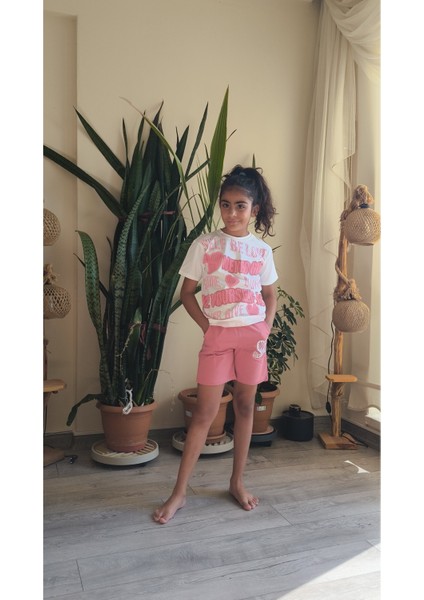 Kız Çocuk Şortlu Takım Self Be Love Beyaz Pembe