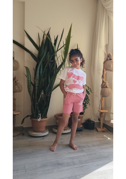 Kız Çocuk Şortlu Takım Self Be Love Beyaz Pembe modelleri