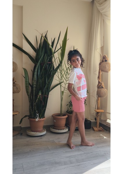 Kız Çocuk Şortlu Takım Self Be Love Beyaz Pembe