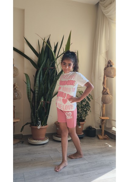 Kız Çocuk Şortlu Takım Self Be Love Beyaz Pembe