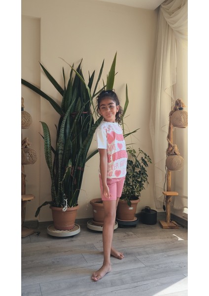 Kız Çocuk Şortlu Takım Self Be Love Beyaz Pembe