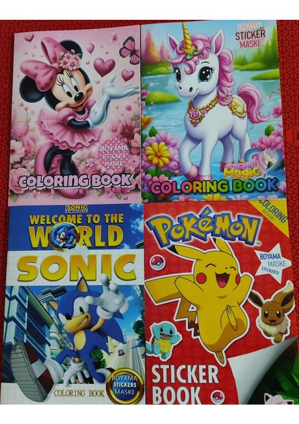 4 Adet Stickerli Boyama Kitabı (Minnie,sonic,unicorn,pocemon Figürlü)