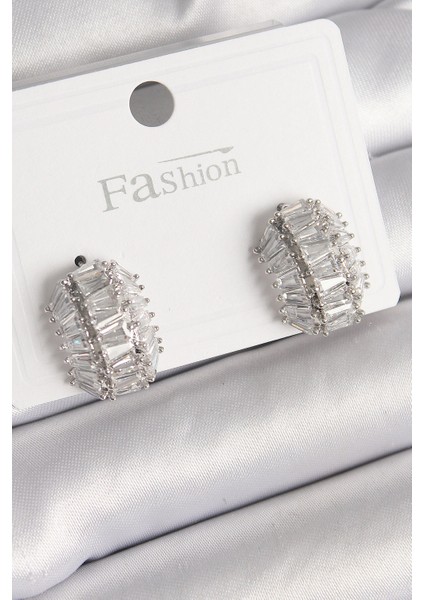 Pirinç Gümüş Renk Zirkon Taşlı Kaplumbağa Kabuğu Model Kadın Küpe - TJ-BKP9787