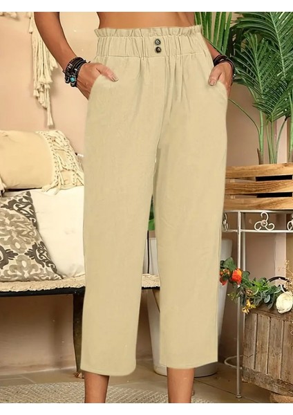 Kadın Bel Büzgü ve Düğme Detay Kapri Keten Pantolon fiyatları