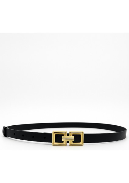 Kadın Siyah Ince Suni Deri Kemer – Kare Tokalı Zarif ve Şık Model- Elbise Kemeri, Pantolon Kemeri