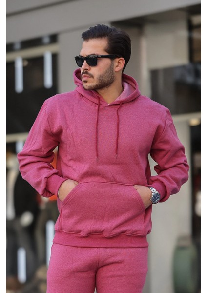 Erkek Rahat Oversize 3 Iplik Pamuklu Şardonlu Kanguru Cep Kapşonlu Sweatshirt