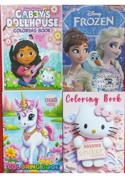 4 Adet Stickerli Boyama Kitabı (Hello Kitty,elsa,gabbys,unicorn Figürlü)