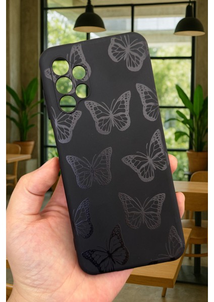 Samsung Galaxy A13 Uyumlu Siyah Kelebek Desenli Silikon Darbe Emici Klasik Korumalı Rubber Kılıf