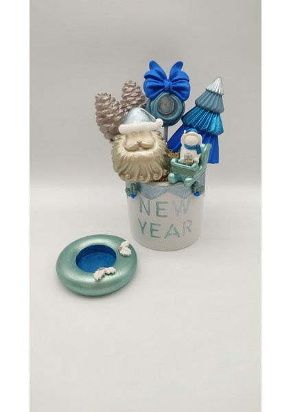 Mavi Beyaz Yılbaşı Temalı Saksı