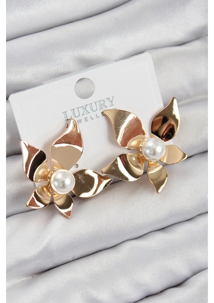 Pirinç İnci Detaylı Çiçek Model Gold Renk Kadın Küpe - TJ-BKP11031