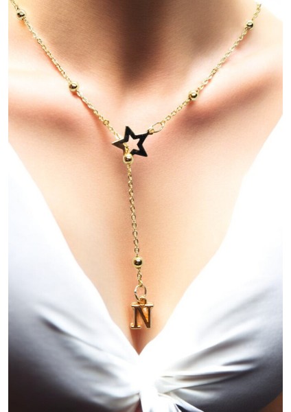 N Harfi Yıldız Topçuk Y 316L Paslanmaz Çelik Zincir Altın Kaplama Kolye Hediye Kalp Sevgili Eş