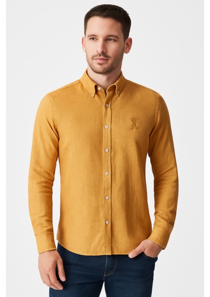 Erkek Hardal Sarısı Keten Gömlek