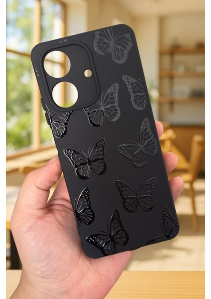 Realme Note 60 Uyumlu Siyah Kelebek Desenli Silikon Darbe Emici Klasik Korumalı Rubber Kılıf