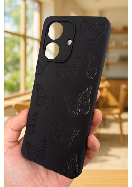 Realme Note 60 Uyumlu Siyah Kelebek Desenli Silikon Darbe Emici Klasik Korumalı Rubber Kılıf modelleri