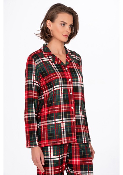 Kadın Süet Önden Düğmeli Pijama Takımı | Yeşil Ekose modelleri