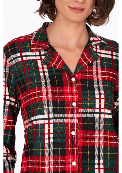 Kadın Süet Önden Düğmeli Pijama Takımı | Yeşil Ekose fırsatları