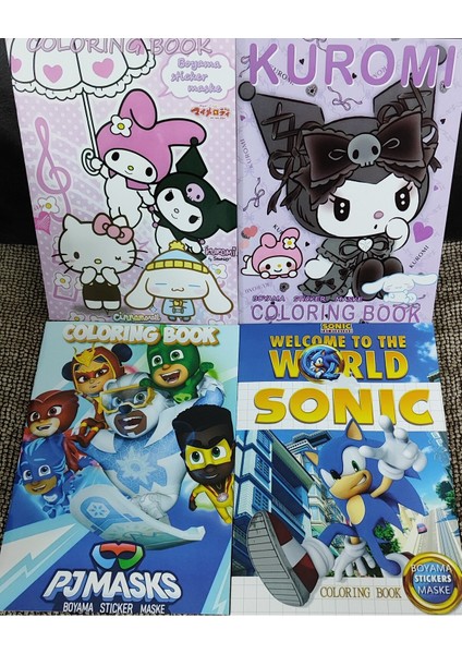 4 Adet Stickerli Boyama Kitabı (Kuromi,sonic,hello Kitty,pijamaske Figürlü