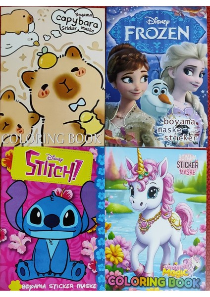 4 Adet Stickerli Boyama Kitabı (Frozen/capybara*/stitch /unicorn Figürlü)
