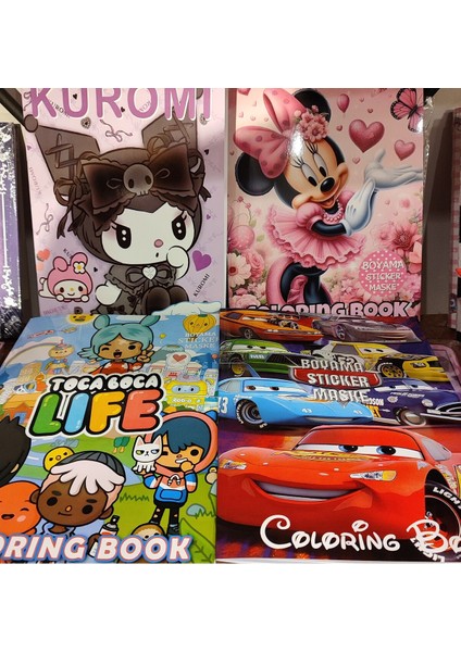 4 Adet Stickerli Boyama Kitabı (Arabalar,minnie,kuromi,toca Boca Life Figürlü