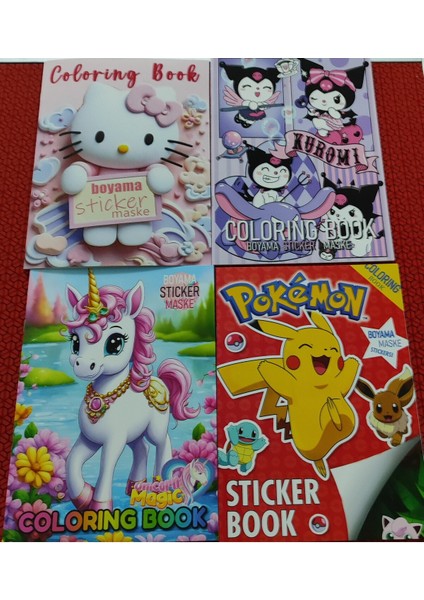 4 Adet Stickerli Boyama Kitabı (*hello Kitty*/unicorn/*kuromi*/pocemon Figürlü)
