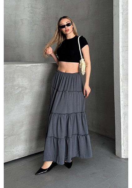 Basic Astarlı Pileli Kadın Uzun Etek Siyah